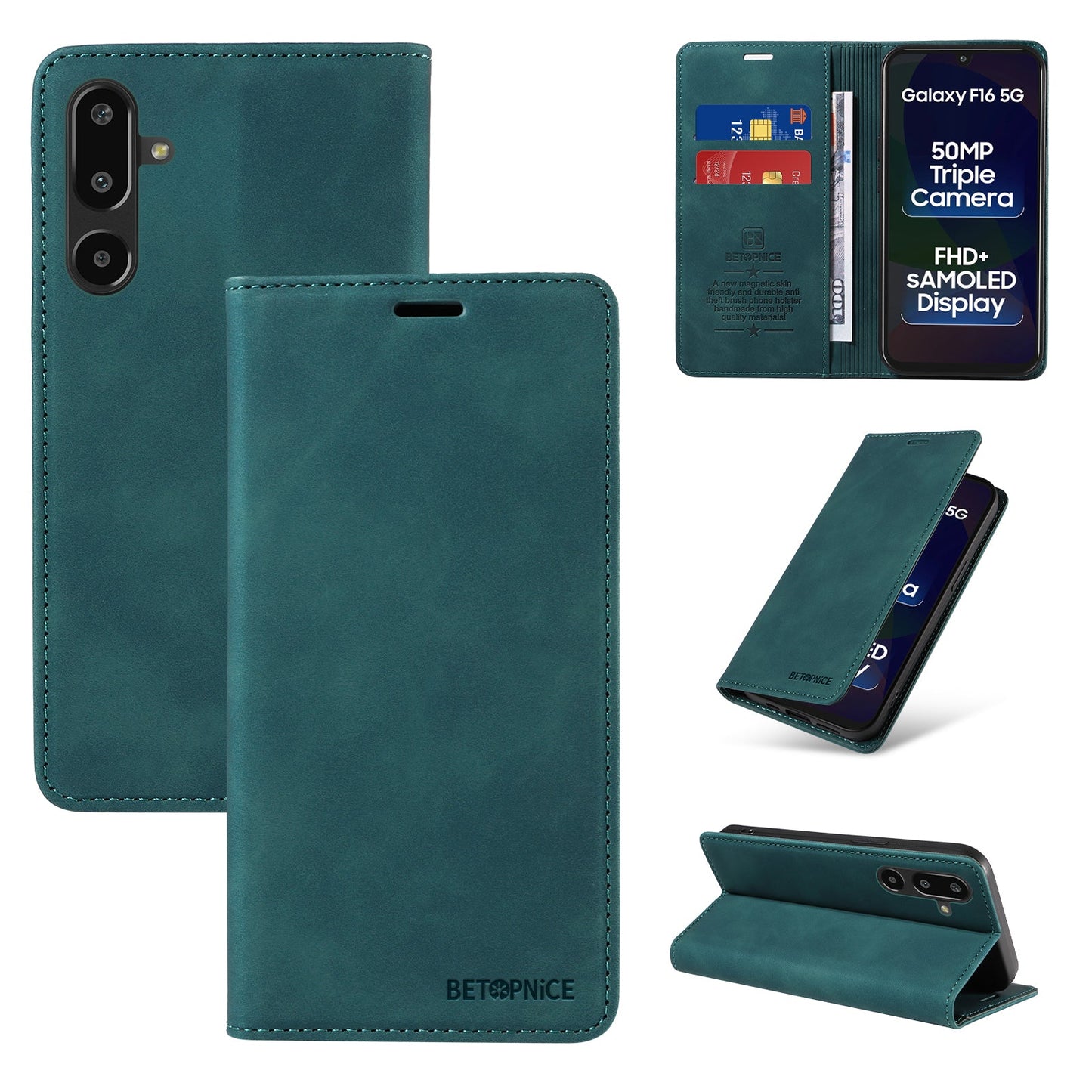 For Samsung Galaxy F16 5G / Galaxy M16 5G Case BETOPNICE Magnetic Closure RFID Blocking Wallet Stand Leather Phone Cover - Green