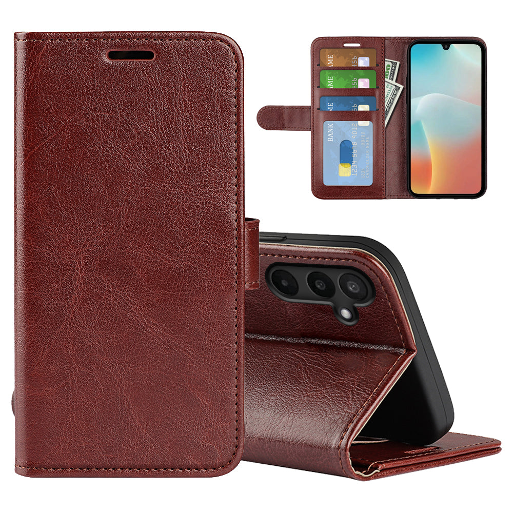 For Samsung Galaxy M16 5G Case Crazy Horse Texture Stand Leather Phone Cover - Brown