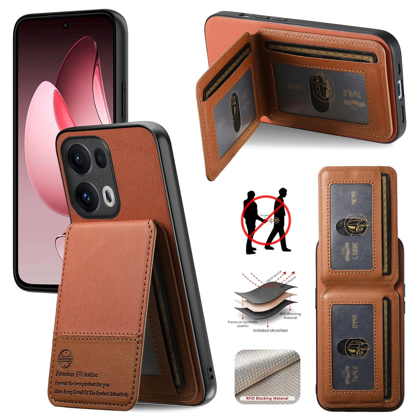 For Oppo Reno13 Pro 5G Case Cloth Texture Leather + PC + TPU RFID Blocking Phone Cover with Card Holder - Brown