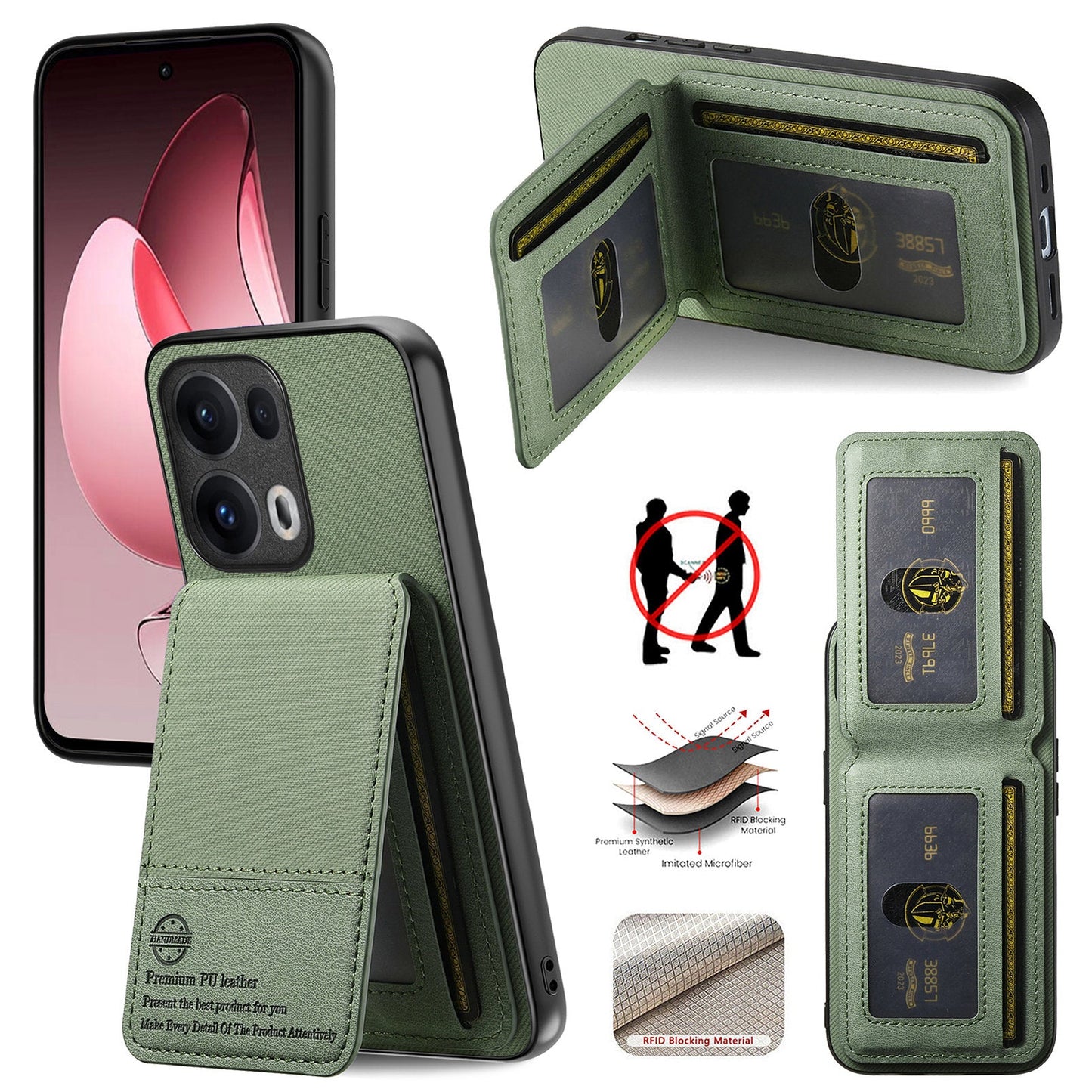 For Oppo Reno13 Pro 5G Case Cloth Texture Leather + PC + TPU RFID Blocking Phone Cover with Card Holder - Green
