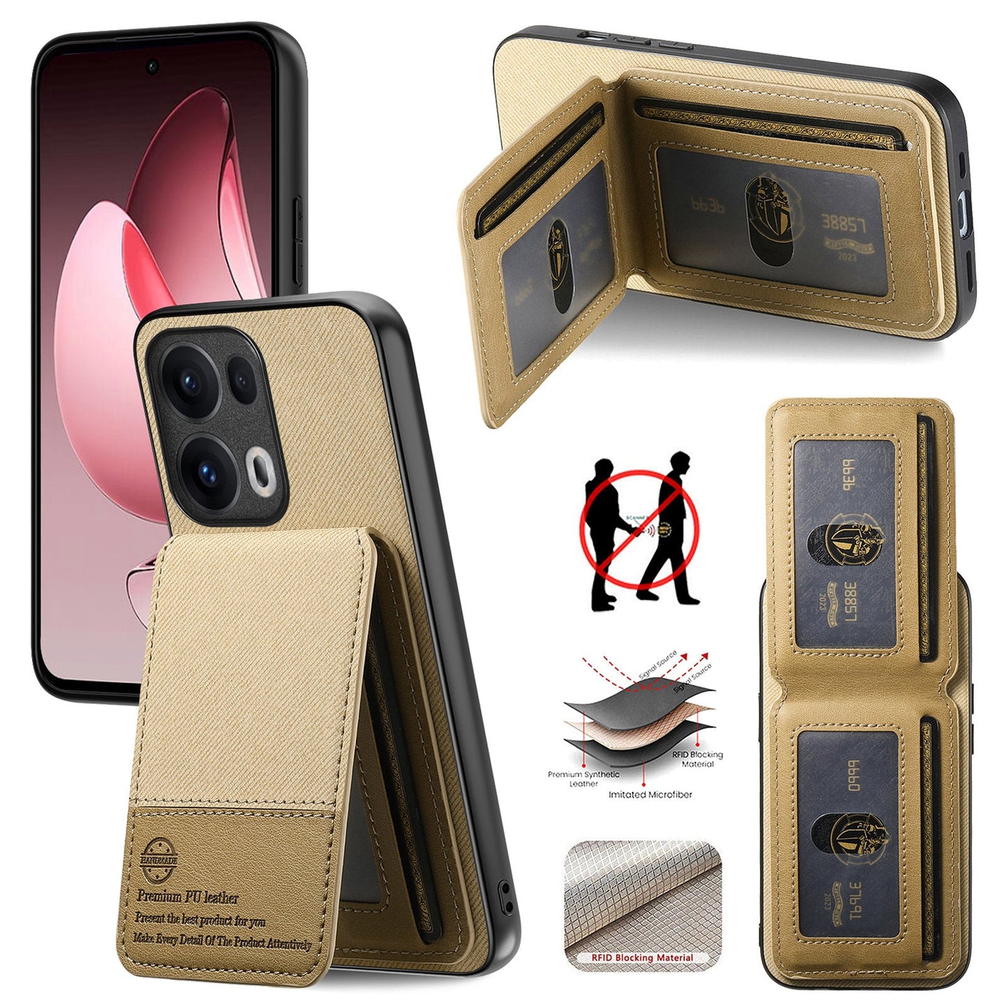 For Oppo Reno13 Pro 5G Case Cloth Texture Leather + PC + TPU RFID Blocking Phone Cover with Card Holder - Khaki
