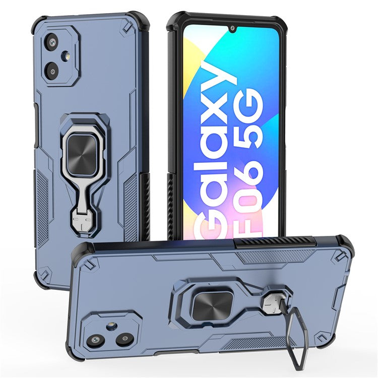 For Samsung Galaxy F06 5G Case Rotatable Ring Kickstand PC + TPU Shockproof Phone Cover - Navy Blue