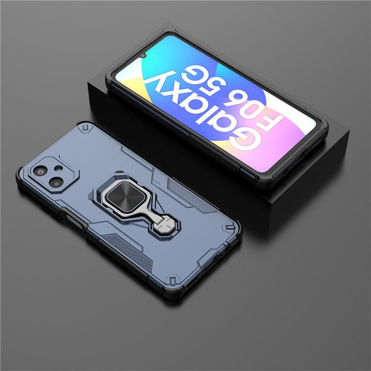 For Samsung Galaxy F06 5G Case Rotatable Ring Kickstand PC + TPU Shockproof Phone Cover - Navy Blue