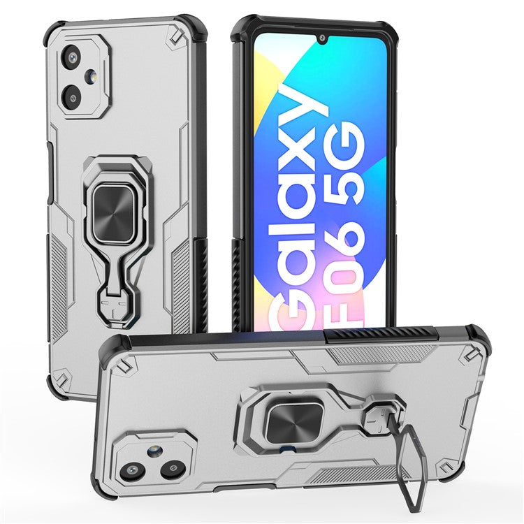For Samsung Galaxy F06 5G Case Rotatable Ring Kickstand PC + TPU Shockproof Phone Cover - Titanium Grey