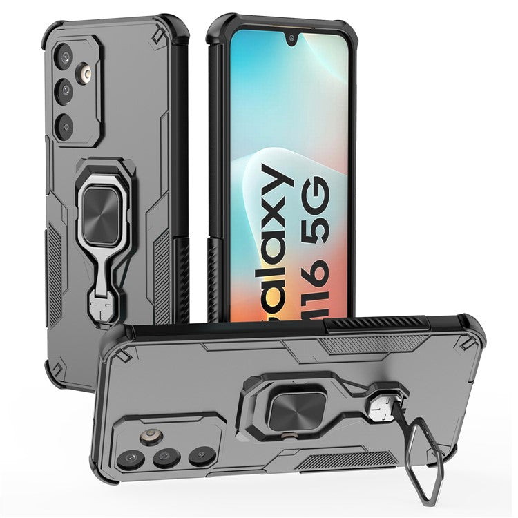 For Samsung Galaxy M16 5G Case Rotatable Ring Kickstand PC + TPU Shockproof Phone Cover - Black