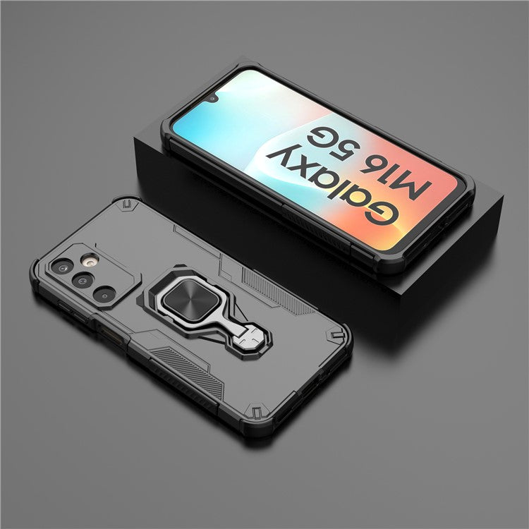 For Samsung Galaxy M16 5G Case Rotatable Ring Kickstand PC + TPU Shockproof Phone Cover - Black