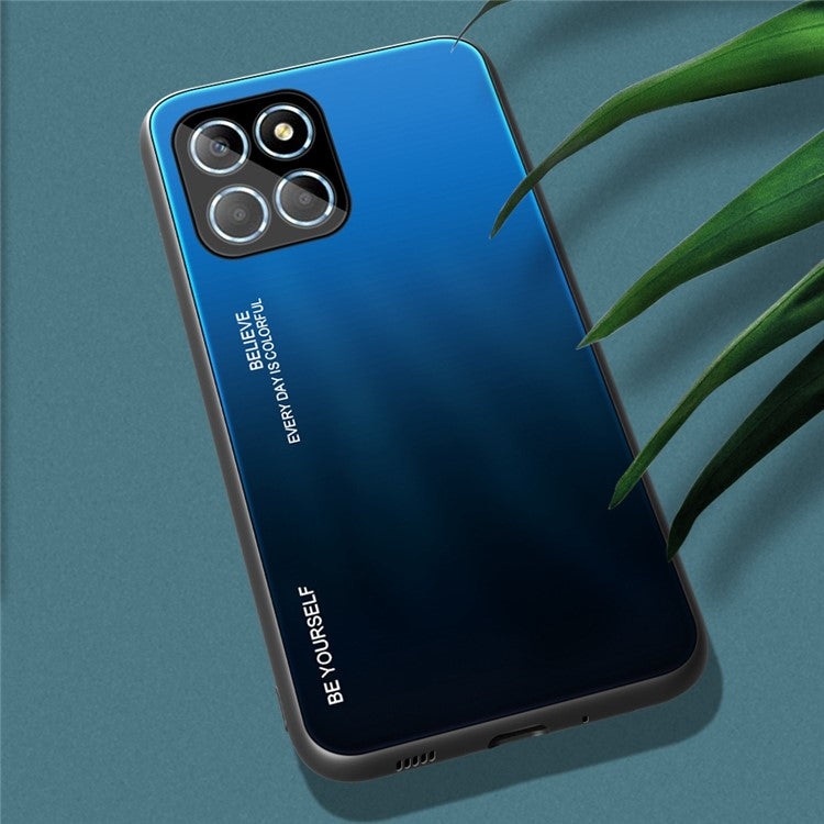 For Honor X8 5G Gradient Color Back Cover Hard Tempered Glass PC Back Soft TPU Frame Shockproof Protective Phone Case - Blue  /  Black