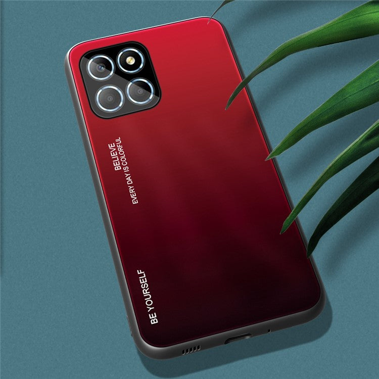 For Honor X8 5G Gradient Color Back Cover Hard Tempered Glass PC Back Soft TPU Frame Shockproof Protective Phone Case - Red  /  Black