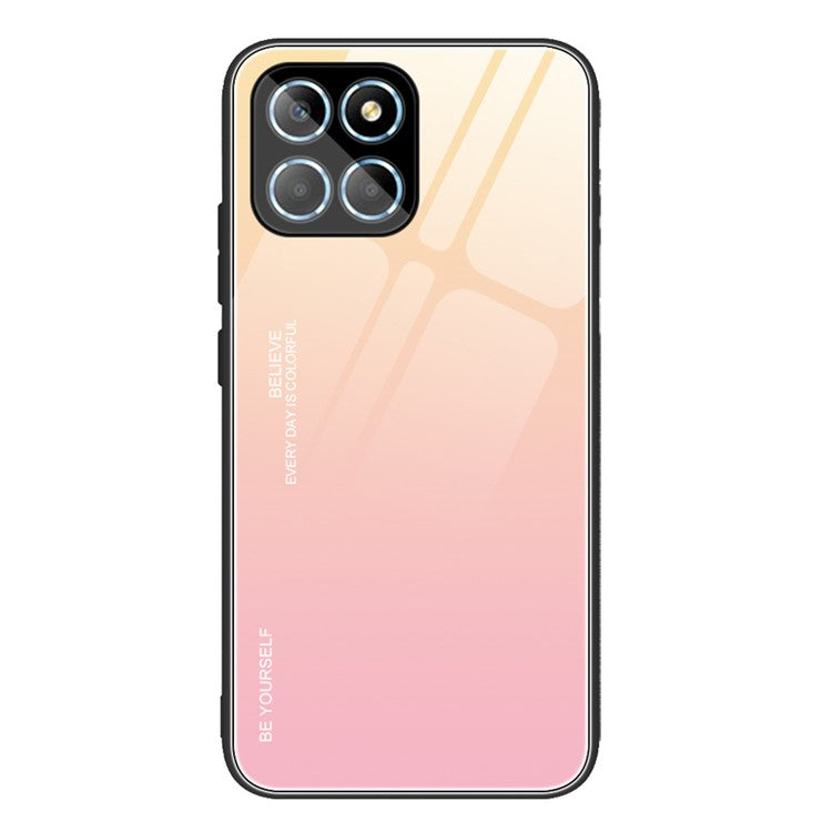 For Honor X8 5G Gradient Color Back Cover Hard Tempered Glass PC Back Soft TPU Frame Shockproof Protective Phone Case - Gold  /  Pink
