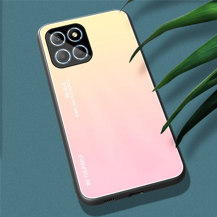 For Honor X8 5G Gradient Color Back Cover Hard Tempered Glass PC Back Soft TPU Frame Shockproof Protective Phone Case - Gold  /  Pink