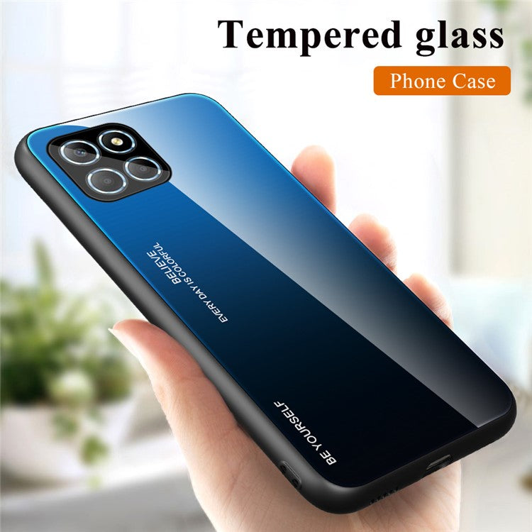 For Honor X8 5G Gradient Color Back Cover Hard Tempered Glass PC Back Soft TPU Frame Shockproof Protective Phone Case - Gold  /  Pink