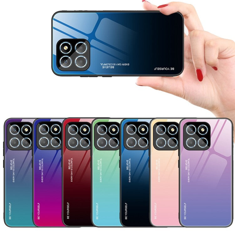 For Honor X8 5G Gradient Color Back Cover Hard Tempered Glass PC Back Soft TPU Frame Shockproof Protective Phone Case - Gold  /  Pink