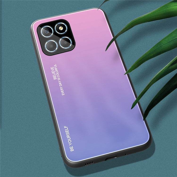 For Honor X8 5G Gradient Color Back Cover Hard Tempered Glass PC Back Soft TPU Frame Shockproof Protective Phone Case - Pink  /  Purple