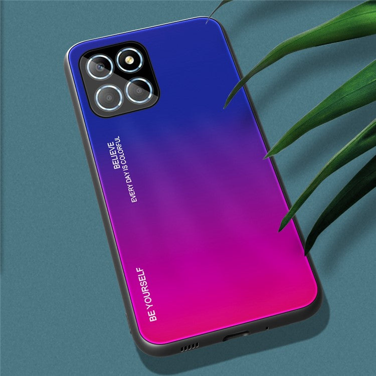 For Honor X8 5G Gradient Color Back Cover Hard Tempered Glass PC Back Soft TPU Frame Shockproof Protective Phone Case - Blue  /  Rose
