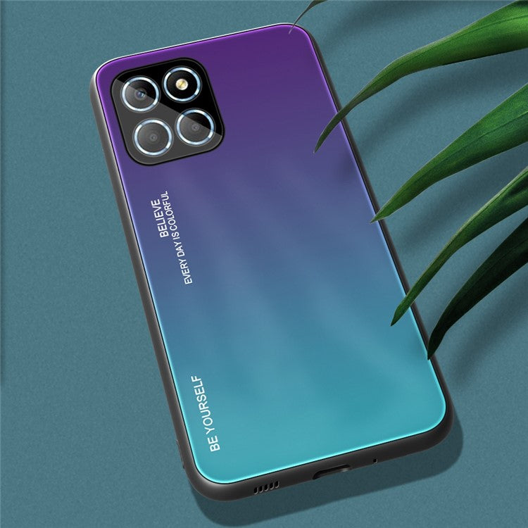 For Honor X8 5G Gradient Color Back Cover Hard Tempered Glass PC Back Soft TPU Frame Shockproof Protective Phone Case - Purple  /  Blue
