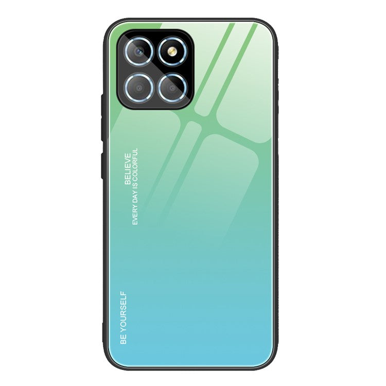 For Honor X8 5G Gradient Color Back Cover Hard Tempered Glass PC Back Soft TPU Frame Shockproof Protective Phone Case - Cyan  /  Blue