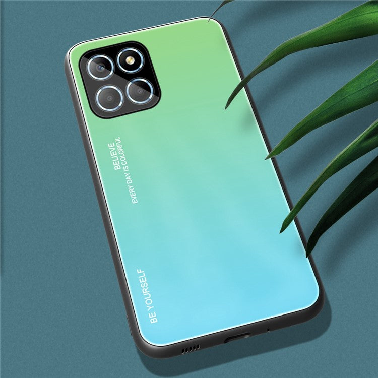 For Honor X8 5G Gradient Color Back Cover Hard Tempered Glass PC Back Soft TPU Frame Shockproof Protective Phone Case - Cyan  /  Blue