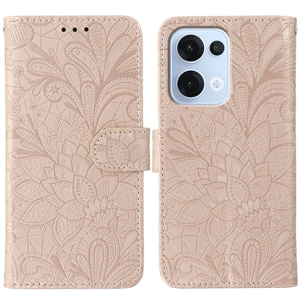 For Oppo Reno13 5G (Global) Case Lace Flowers PU Leather Flip Wallet Phone Cover - Rose Gold