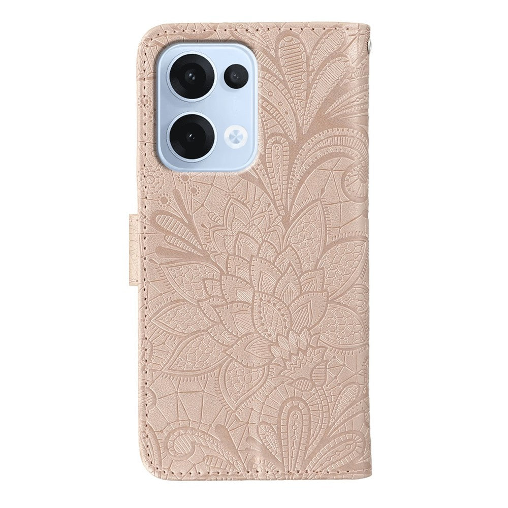 For Oppo Reno13 5G (Global) Case Lace Flowers PU Leather Flip Wallet Phone Cover - Rose Gold