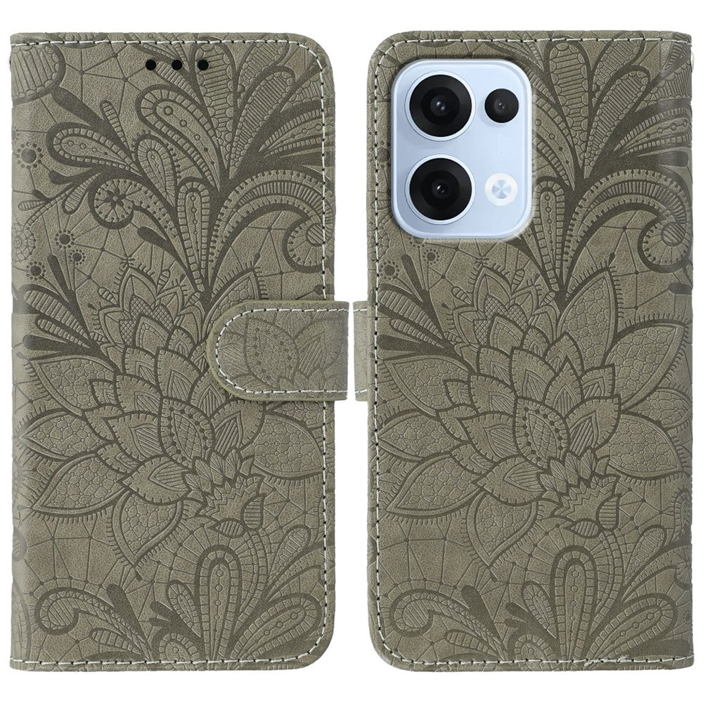 For Oppo Reno13 5G (Global) Case Lace Flowers PU Leather Flip Wallet Phone Cover - Grey