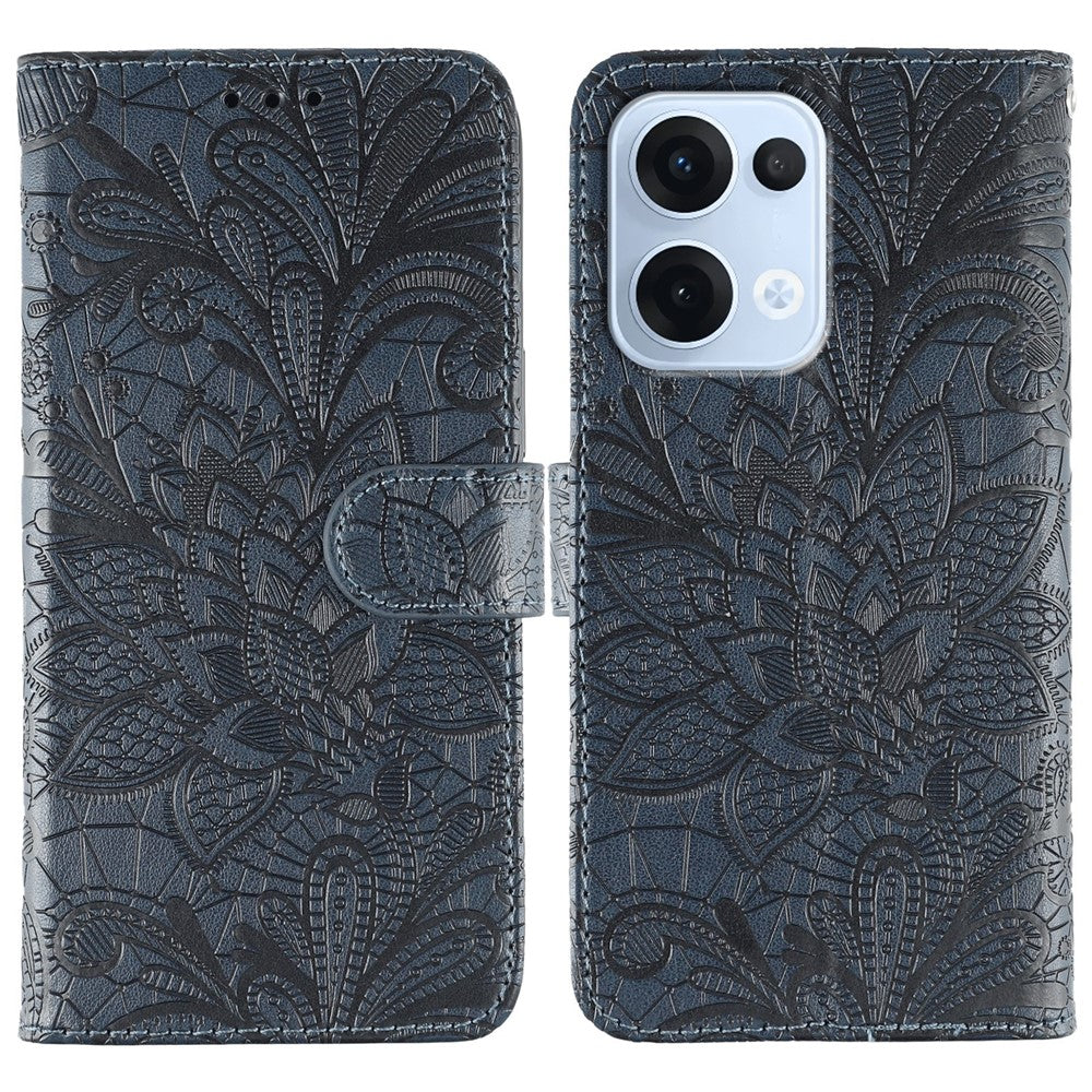 For Oppo Reno13 5G (Global) Case Lace Flowers PU Leather Flip Wallet Phone Cover - Dark Blue