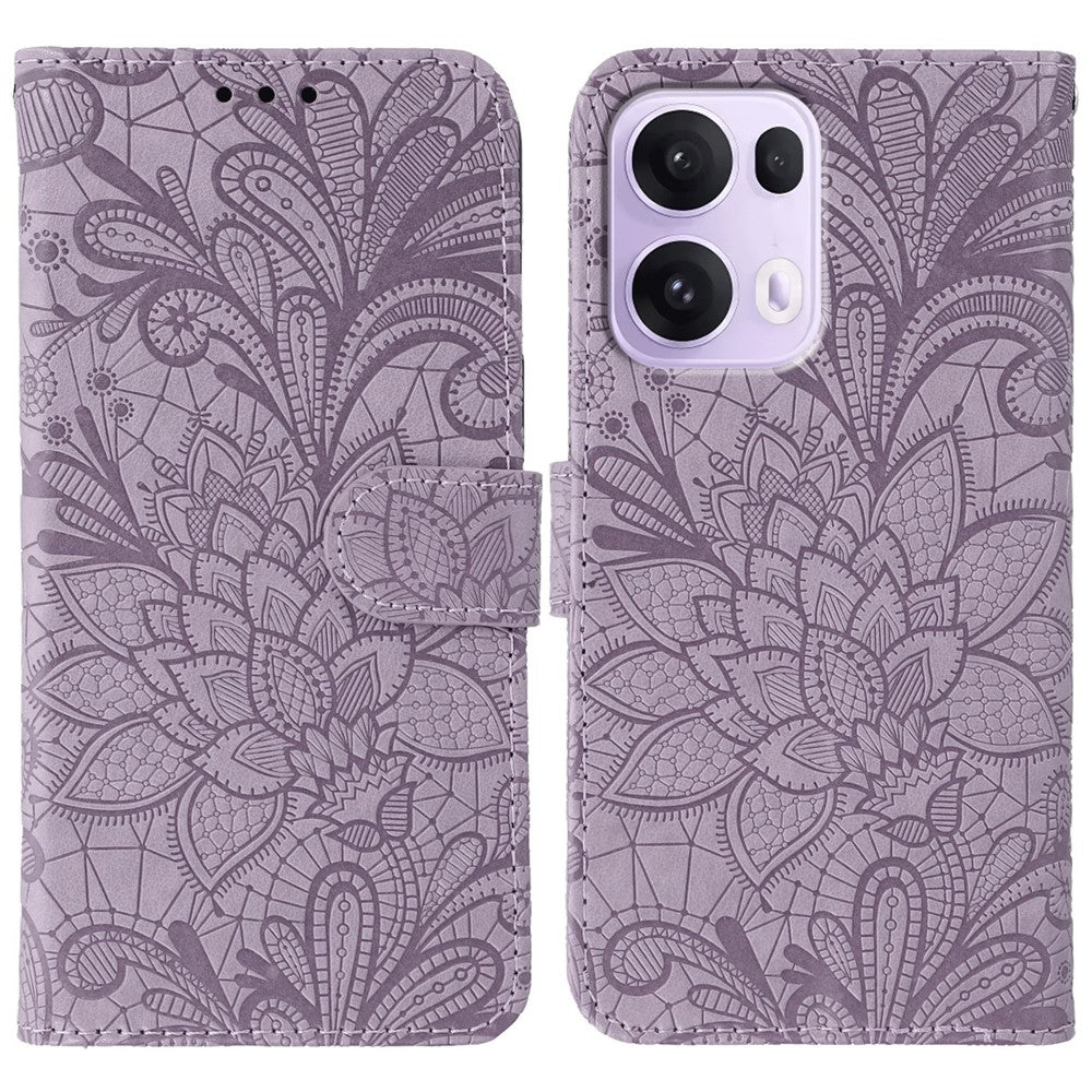 For Oppo Reno13 Pro 5G Case Lace Flowers PU Leather Flip Wallet Phone Cover - Purple