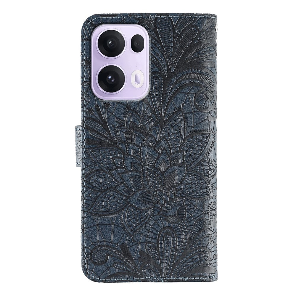 For Oppo Reno13 Pro 5G Case Lace Flowers PU Leather Flip Wallet Phone Cover - Dark Blue
