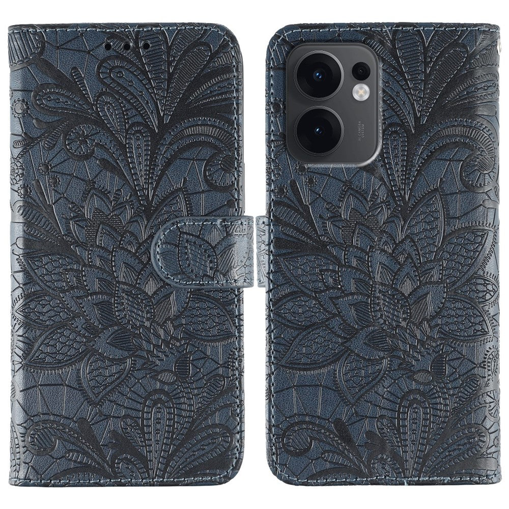 For Oppo Reno13 F 5G  /  4G Case Lace Flowers PU Leather Flip Wallet Phone Cover - Dark Blue