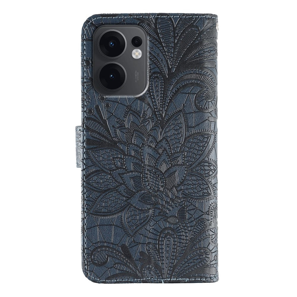 For Oppo Reno13 F 5G  /  4G Case Lace Flowers PU Leather Flip Wallet Phone Cover - Dark Blue