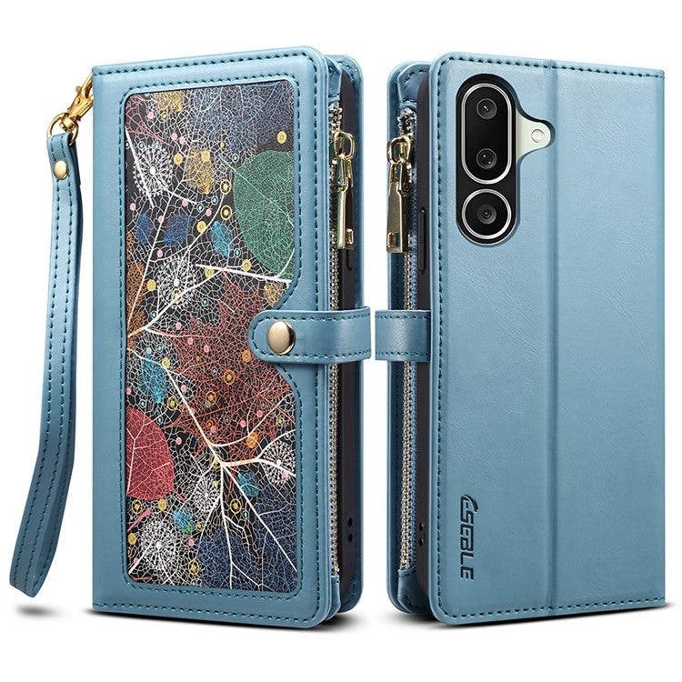 ESEBLE Galaxy Series For Samsung Galaxy M56 5G Case RFID Blocking Leather Zipper Phone Cover with Shoulder Strap + Wrist Strap - Blue