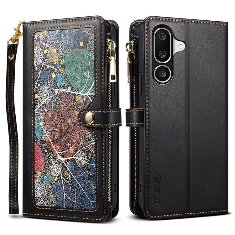 ESEBLE Galaxy Series For Samsung Galaxy M56 5G Case RFID Blocking Leather Zipper Phone Cover with Shoulder Strap + Wrist Strap - Black
