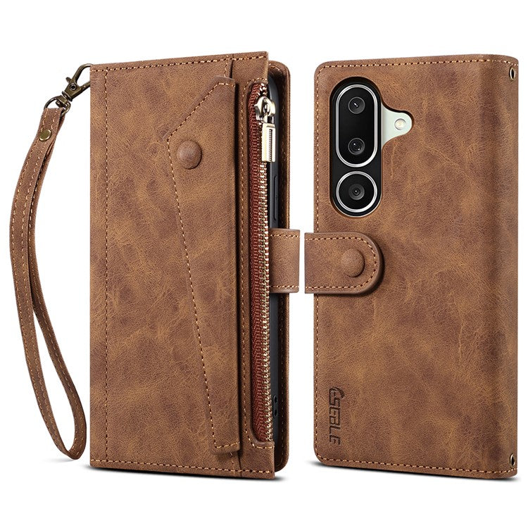 ESEBLE Star Series For Samsung Galaxy M56 5G Case Zipper Wallet Leather Stand Phone Cover with Wrist Strap - Brown