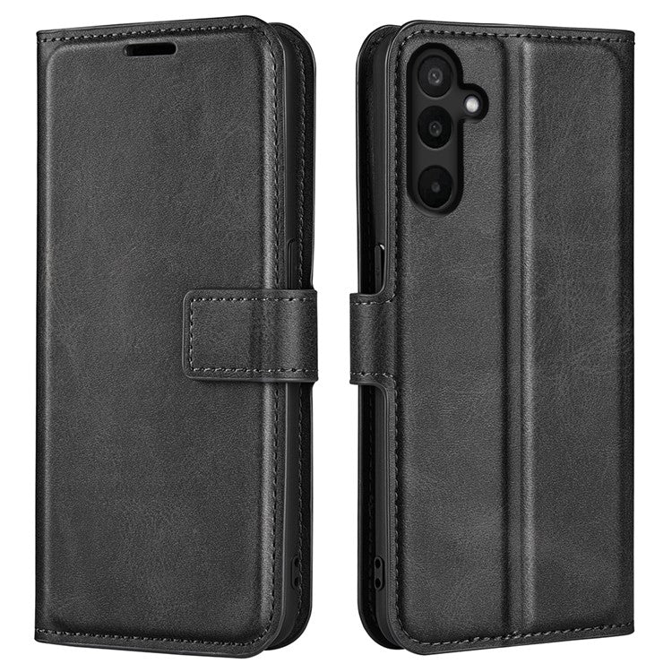 For Samsung Galaxy M16 5G Stand Case Anti-Scratch Calf Texture Leather Phone Cover - Black