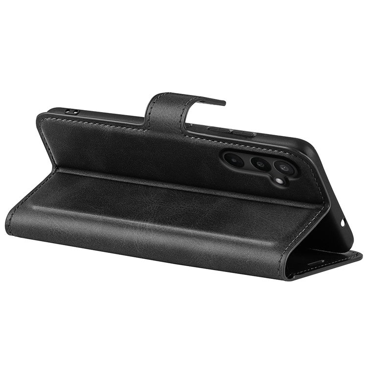 For Samsung Galaxy M16 5G Stand Case Anti-Scratch Calf Texture Leather Phone Cover - Black