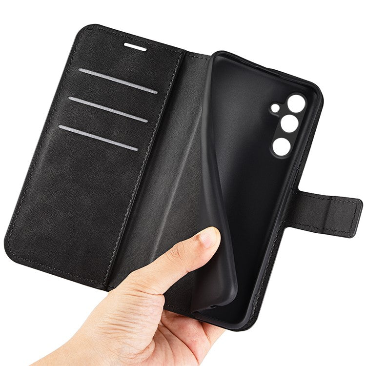 For Samsung Galaxy M16 5G Stand Case Anti-Scratch Calf Texture Leather Phone Cover - Black