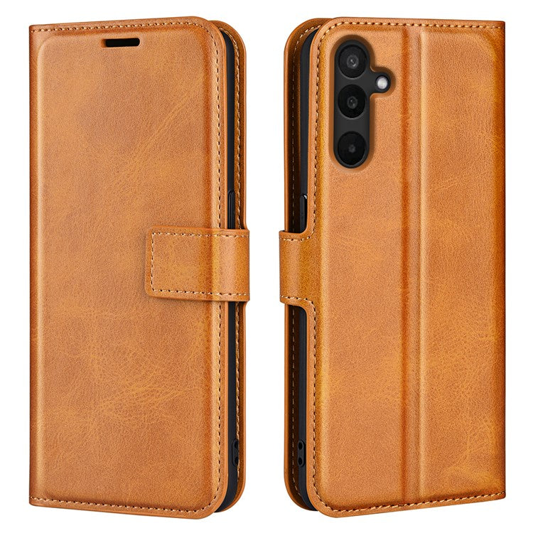 For Samsung Galaxy M16 5G Stand Case Anti-Scratch Calf Texture Leather Phone Cover - Yellow