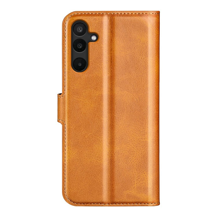 For Samsung Galaxy M16 5G Stand Case Anti-Scratch Calf Texture Leather Phone Cover - Yellow