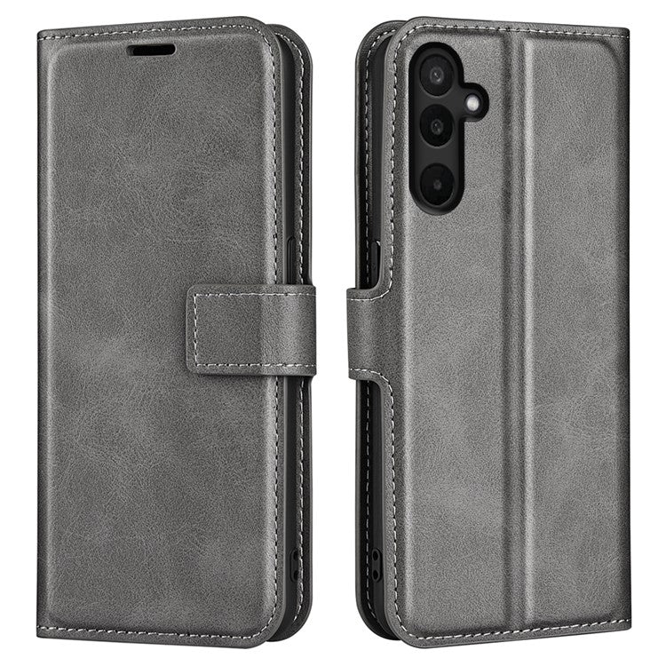 For Samsung Galaxy M16 5G Stand Case Anti-Scratch Calf Texture Leather Phone Cover - Grey