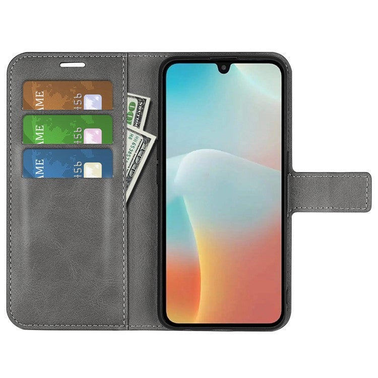 For Samsung Galaxy M16 5G Stand Case Anti-Scratch Calf Texture Leather Phone Cover - Grey