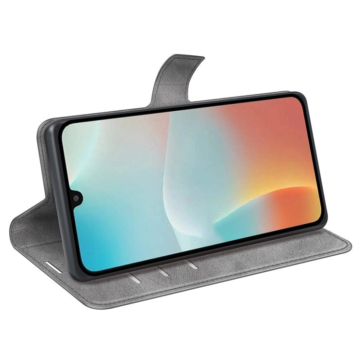 For Samsung Galaxy M16 5G Stand Case Anti-Scratch Calf Texture Leather Phone Cover - Grey