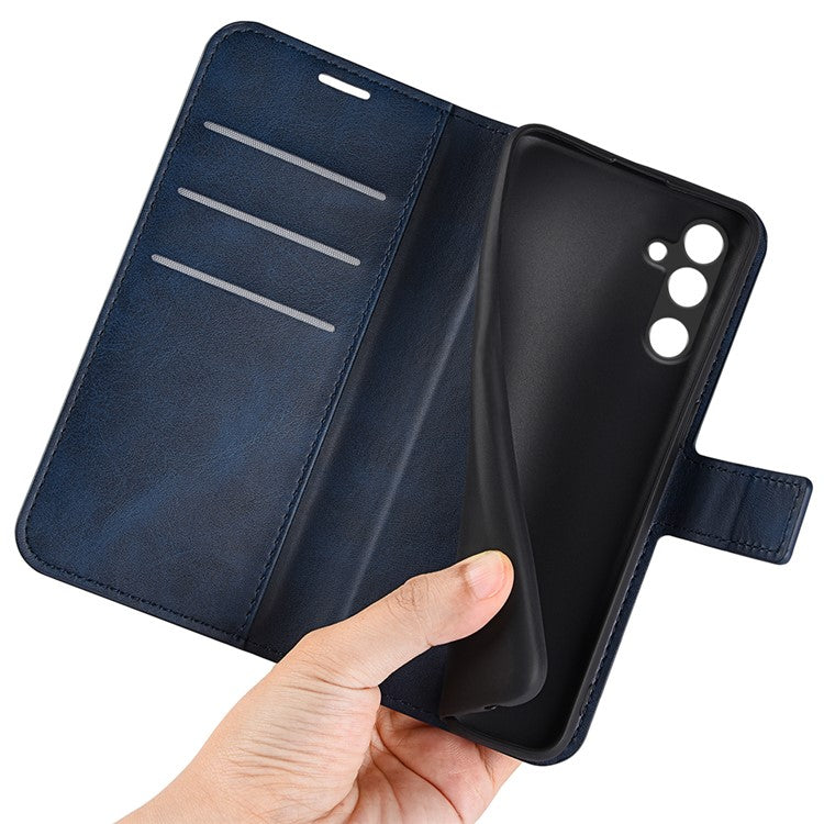 For Samsung Galaxy M16 5G Stand Case Anti-Scratch Calf Texture Leather Phone Cover - Blue