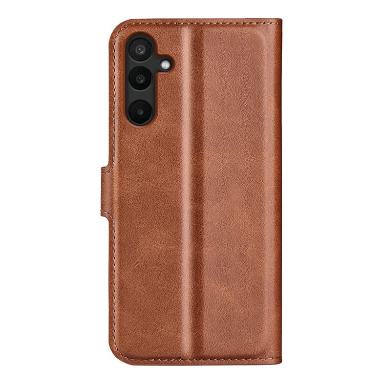 For Samsung Galaxy M16 5G Stand Case Anti-Scratch Calf Texture Leather Phone Cover - Light Brown