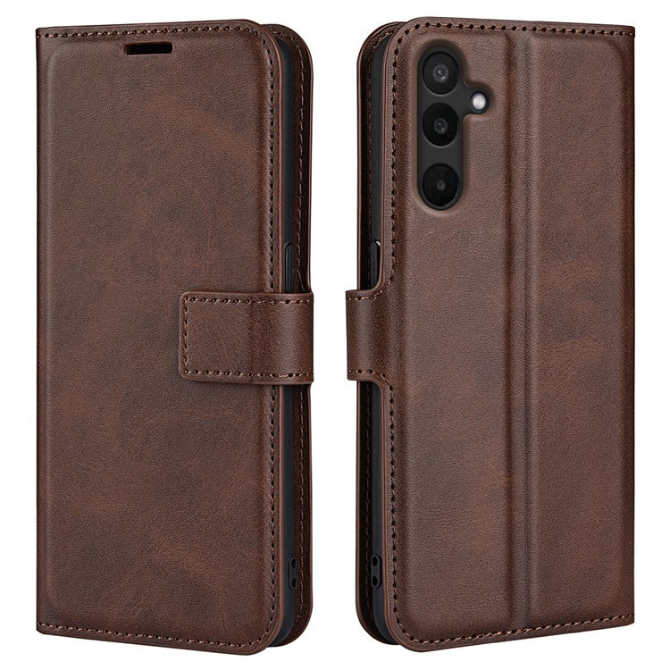 For Samsung Galaxy M16 5G Stand Case Anti-Scratch Calf Texture Leather Phone Cover - Brown