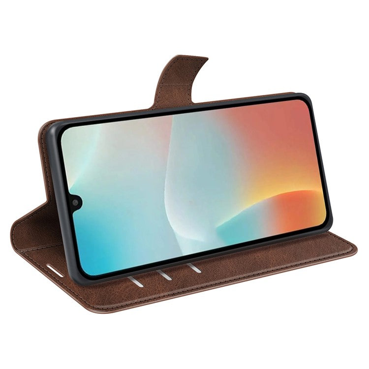 For Samsung Galaxy M16 5G Stand Case Anti-Scratch Calf Texture Leather Phone Cover - Brown