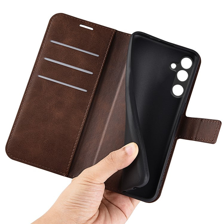 For Samsung Galaxy M16 5G Stand Case Anti-Scratch Calf Texture Leather Phone Cover - Brown