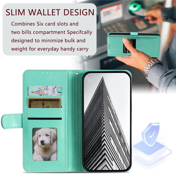 013 Style For Oppo Reno13 Pro 5G Case PU Leather Anti-Fall Phone Cover with 6 Card Slots - Mint Green