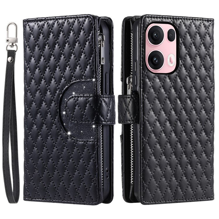 Style 012 for Oppo Reno13 Pro 5G Case Zipper Pocket Glitter Leather Phone Cover - Black