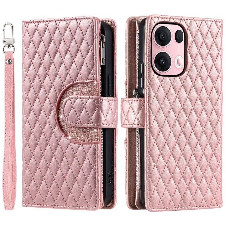 Style 012 for Oppo Reno13 Pro 5G Case Zipper Pocket Glitter Leather Phone Cover - Rose Gold