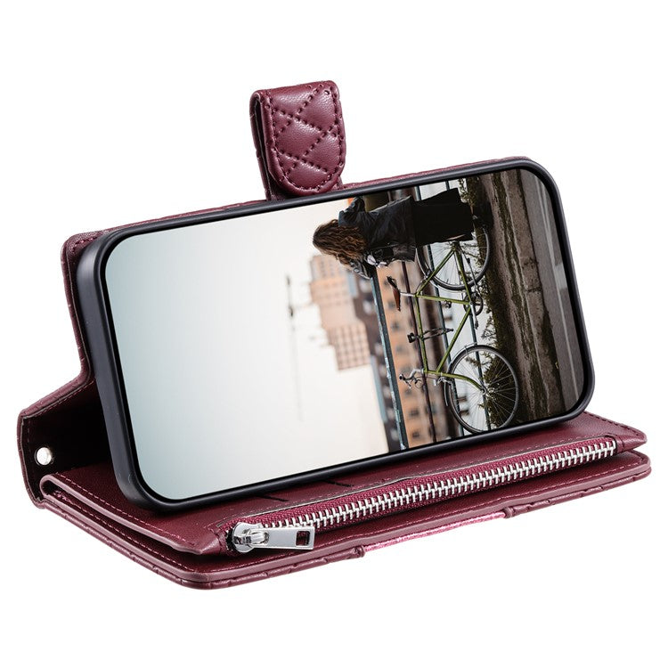 Style 012 for Oppo Reno13 Pro 5G Case Zipper Pocket Glitter Leather Phone Cover - Wine Red