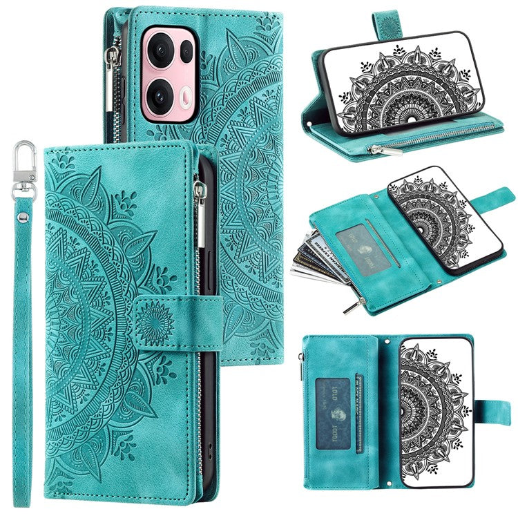 Style 006 For Oppo Reno13 Pro 5G Wallet Case PU Leather Phone Cover Mandala Flower Pattern - Mint Green